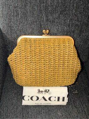 Coach Kisslock Frame Bag 27 Brass/Muted Olive Straw & Calf Leather NWT